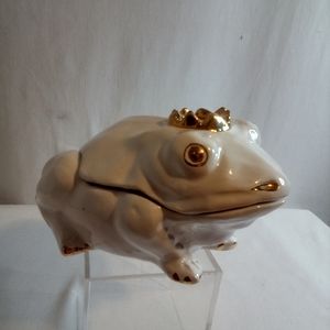 White ceramic frog prince Trinket Box with gold trim